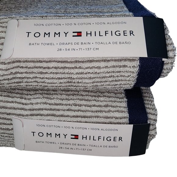 Tommy Hilfiger 8pc Striped Cotton Towel Set White Navy Gray Bath Hand Washcloths - Picture 4 of 11